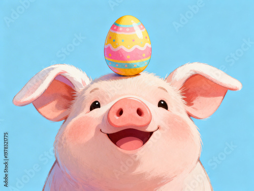 Happy Easter concept, holiday greeting card long banner panorama, funny animal - Cute pig piglet with Easter bunny ears and easter egg, isolated on blue background