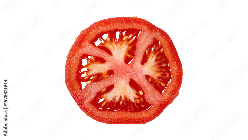 Αυτοκόλλητο Fresh red tomato slice with juicy pulp and seeds, isolated on transparent backgr