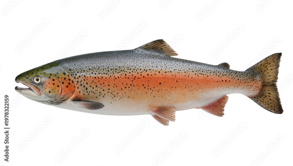 Fototapeta premium Rainbow trout fish with orange stripe and black spots, isolated on transparent background