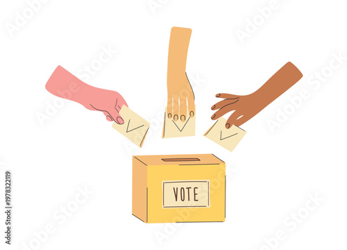 Diverse Hands Dropping Ballots in Voting Box