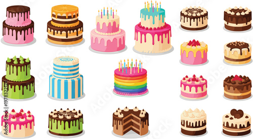 Birthday cake vector collection featuring layered, chocolate and colorful celebration cakes with candles and frosting in cute cartoon style illustration isolated background