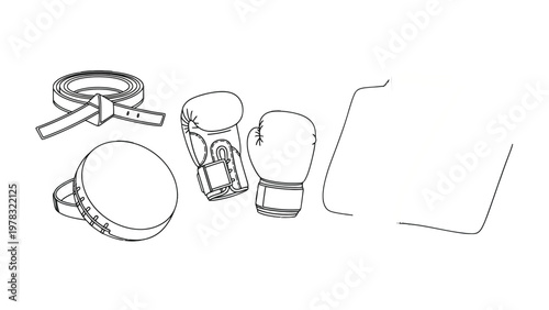 Boxing Gear Outlined: A detailed monochrome line art illustration showcases essential boxing equipment, including boxing gloves, a training pad, and protective gear.