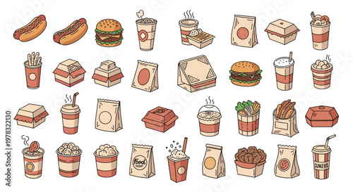 Large collection of fast food illustrations including burgers hot dogs beverages and various paper packaging for takeout restaurant menus.