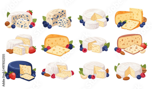 Cheese Variety Set with Different Types Slices and Blocks Dairy Food Collection for Cooking, Gourmet Design and Farm Product Illustration