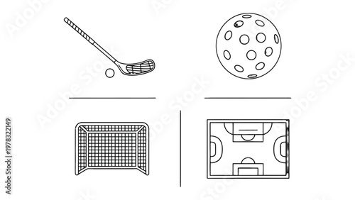 Floorball Equipment Illustration: A detailed outline showcases essential floorball equipment, including a stick, ball, goal, and the playing area. This illustration captures the spirit of the sport.