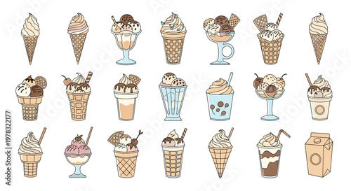 Appetizing collection of chocolate and vanilla ice cream treats including sundaes cones milkshakes and a milk carton for dessert menu design.