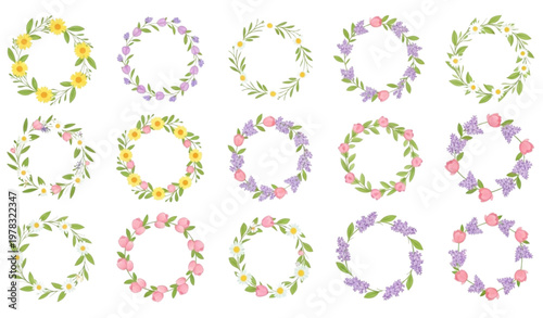 Floral Wreath Set with Leaves and Flowers Decorative круг Frame Collection for Wedding Invitations, Spring Design, Botanical Circle Elements on White Background