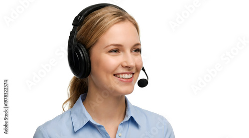 Female customer service agent wearing headset for business support concept on white background.