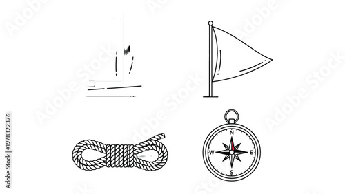 Navigational Essentials: A collection of essential maritime icons, featuring a detailed compass, sturdy rope coil, elegant sailing flag, and minimalist ship illustration. 