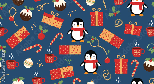 Whimsical seamless Christmas pattern featuring cute penguins gift boxes christmas puddings and warm mugs on a dark blue background for decor.