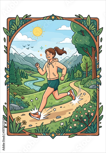 A young woman joyfully runs through a lush green park on a sunny day, surrounded by rolling hills and trees vector design