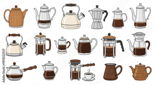 Comprehensive collection of various teapots coffee pots moka pots and French presses for kitchen appliance and beverage brewing concepts.