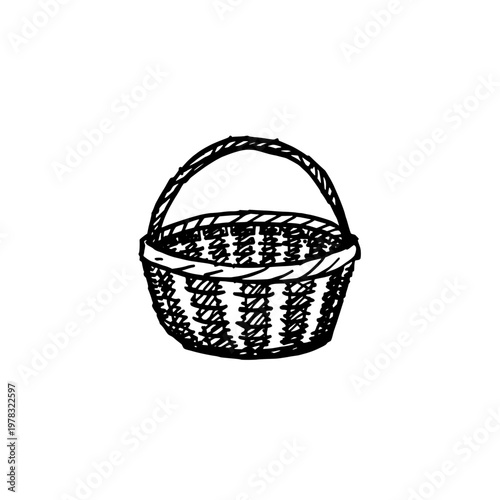 Autumn picnic basket icon logo design. Wicker hamper sign and symbol. Hand drawn doodle picnic icon. Garden party and camping.