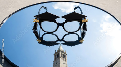 A reflective surface shows a pair of glasses with graduation caps on top, with a tower and blue sky in the background.