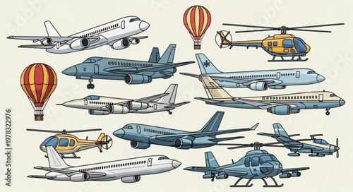 Collection of various aircraft and hot air balloons.