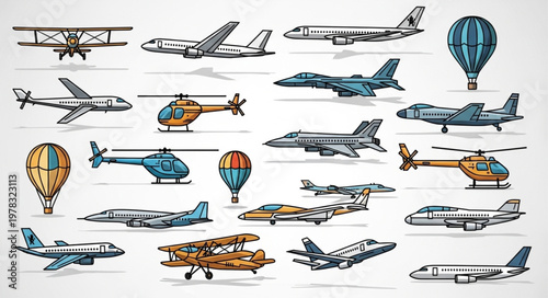 Collection of various aircraft and hot air balloons.