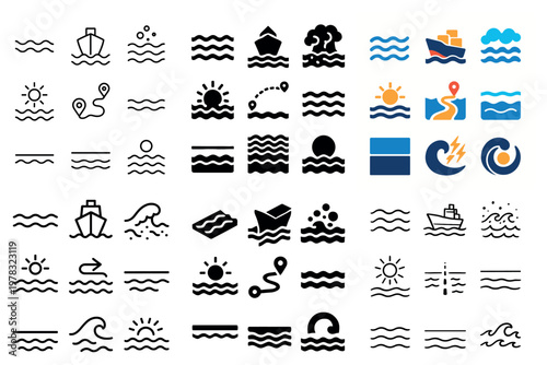 Ocean icons with wave ship sun minimal