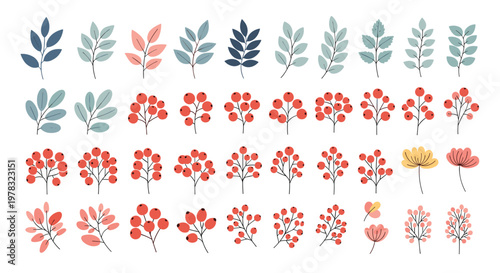 Collection of various hand-drawn botanical elements including diverse leaf shapes, berry clusters, and simple flowers in soft blue, pink, and red tones.