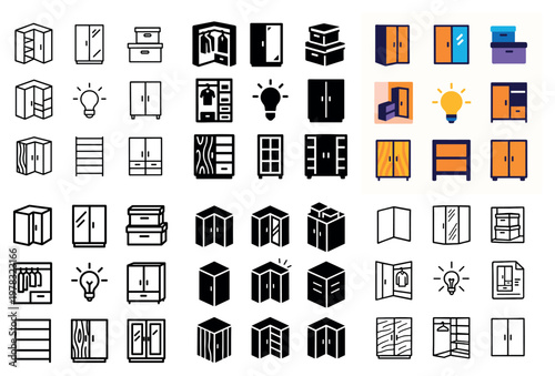 Wardrobe and cabinet icons with door drawer wood outline