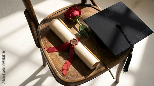 A graduation cap and diploma on a wooden chair with a red rose