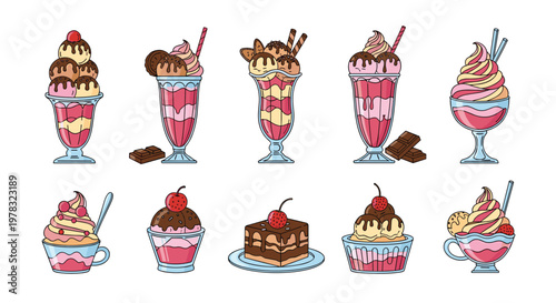 Set of vibrant ice cream sundaes and decadent desserts served in tall glasses and bowls featuring layers of syrup, fruit toppings, and chocolate.