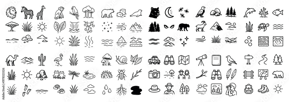 Naklejka premium Nature icons with zebra giraffe monkey outline