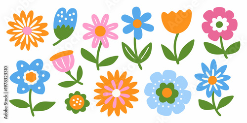 A collection of brightly colored stylized flowers on a white background