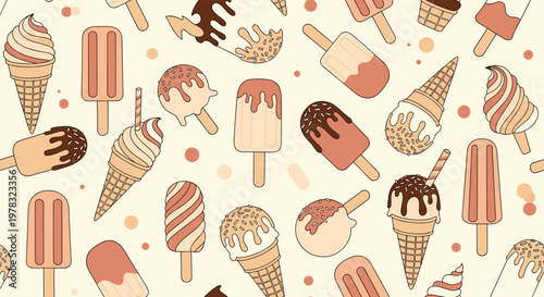 Seamless pattern displaying an assortment of delicious ice cream cones, swirls, and popsicles decorated with sprinkles and chocolate in soft pastel tones.