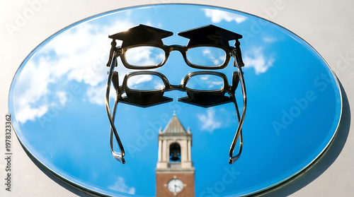 A reflective surface displays a pair of glasses and graduation caps with a clock tower in the background under a blue sky with clouds.