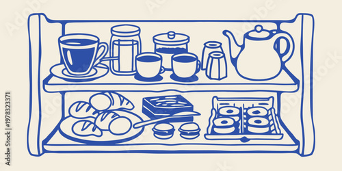 Blue line drawing of a two tiered serving tray with breakfast items
