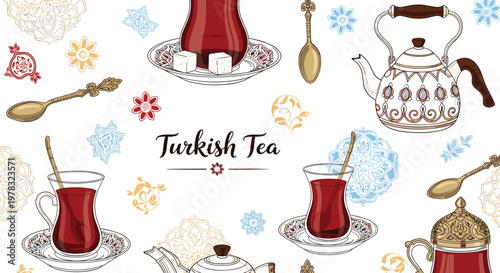 Cultural illustration of traditional Turkish tea featuring elegant glasses, ornate teapots, and decorative patterns with the text Turkish Tea.