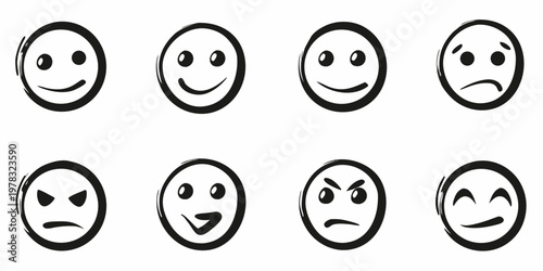 Eight black and white hand drawn faces depicting various emotions