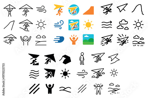 Recreation icons with hang glider sun minimal outline