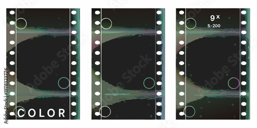 Three strips of color film negatives with circular markings