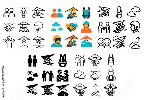 Adventure icons with hang glider pilot helmet colorful