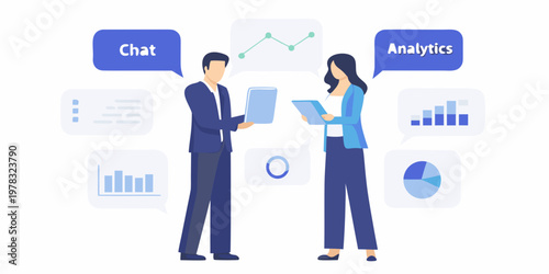 Business professionals discussing data and analytics with digital interface elements