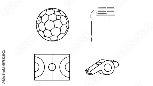 Sporting Symbols in Monochrome: A collection of sports illustrations, featuring a soccer ball, corner flag, court, and whistle in a clean monochrome design.