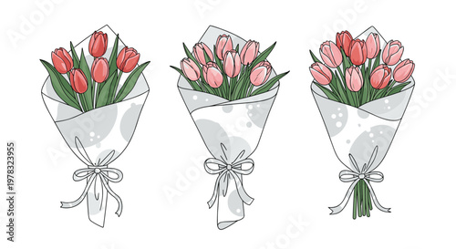 Beautiful set of three separate tulip bouquets wrapped in elegant paper, featuring a variety of red and pink flowers with green leaves.