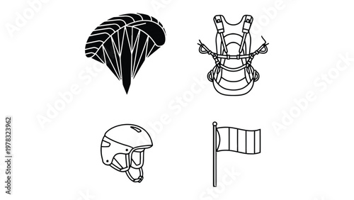 Skydiving Essentials: A set of essential equipment, ready to capture the thrill of soaring through the open air. Includes the parachute, harness, helmet, and flag.