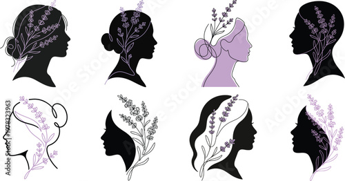 Minimalist Female Profile with Lavender Line Art, Flat Vector Illustration of Wellness and Organic Beauty