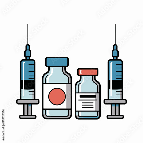 A digital illustration shows two syringes and two  The simplistic design focuses on the essential equipment for vaccinations.