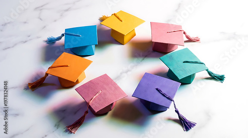 A collection of colorful paper graduation caps arranged in a circle on a marble surface