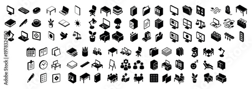 Office icons with desk chair bookshelf glyph
