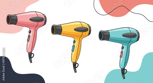 Stylish illustration of three hair dryers in pink, yellow, and blue colors arranged against a modern abstract background with organic shapes.