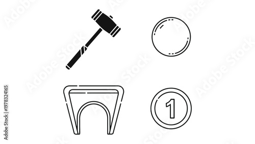 Hammer, ball, Coin, and table graphic set: A graphic set featuring a hammer, a ball, a coin with number 1, and a table, all in minimalist style and black outline.