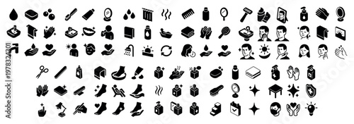 Hygiene icons with hands soap dispenser filled