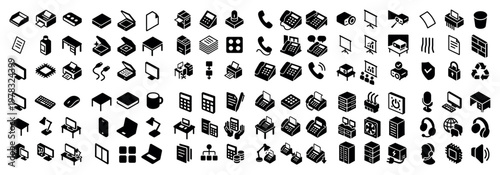 Office icons with printer monitor phone solid glyph