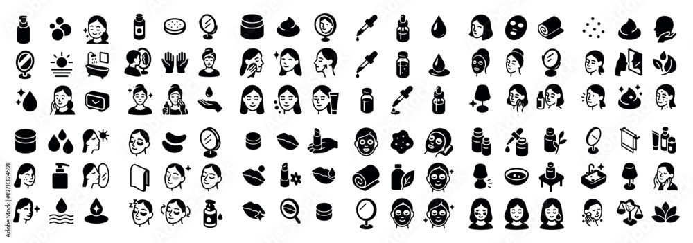 Fototapeta premium Skincare icons with mirror bottle and face outline