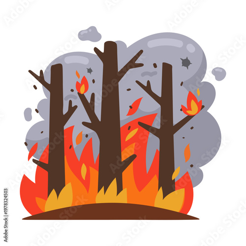 Forest Fire Devastation Inferno Engulfs Trees Amidst Smoke and Destruction Illustration