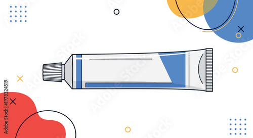 Illustration of a tube of toothpaste with a blue label and white body set against a modern abstract background with geometric shapes.